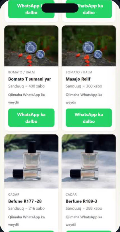Phone view of a product catalog: product photos, box quantities and a WhatsApp order button on each item.