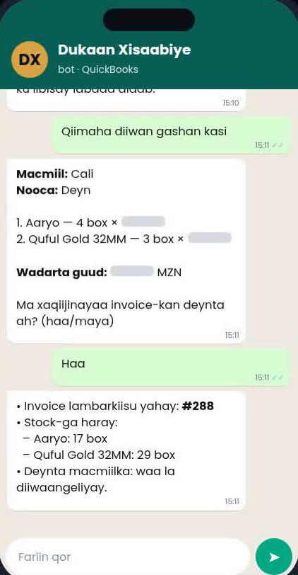 WhatsApp chat with the bookkeeping bot: it lists the customer, sale type and items, asks for confirmation, then replies with the QuickBooks invoice number and the updated stock.